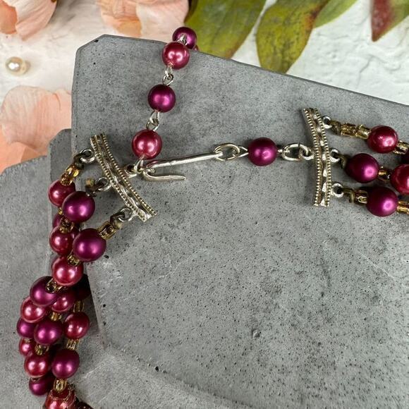 Vintage Pink Faux Pearl Beaded Multistrand Necklace Retro Bridal Jewelry - Picture 8 of 8